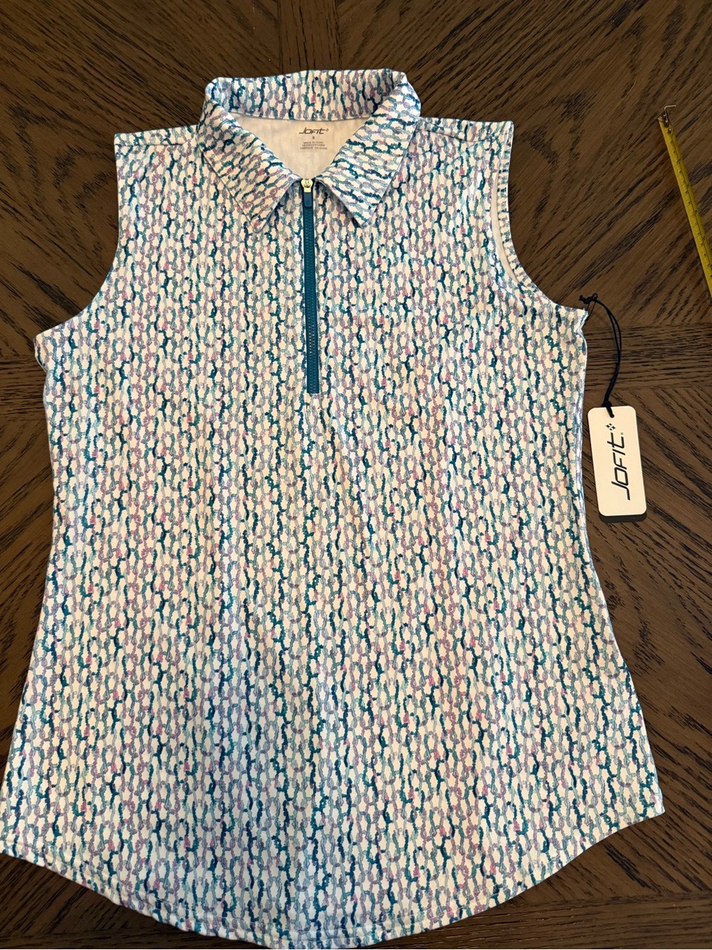 Jofit Sleeveless Zip Polo Tank in Blue, Pink & Cream Pattern